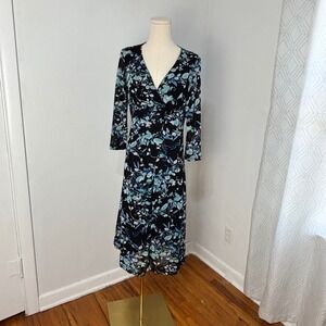 Dark Floral Botanical Midi Dress Whimsigoth Mesh Faux Wrap Cottagecore Womens 8